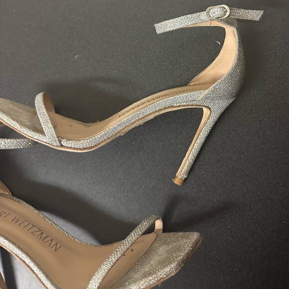 Stuart Weitzman Nudistcurve Glitter Ankle Strap Sandals Silver Crystal Size 8.5 - Picture 6 of 13